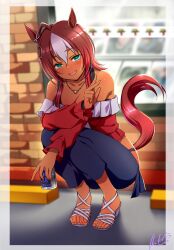 Rule 34 | 1girl, 7-eleven, ahoge, animal ears, armpit crease, bare shoulders, beer can, black bra, blue pants, blurry, blurry background, blush, border, bra, breasts, brick wall, can, collarbone, commentary request, dark-skinned female, dark skin, darley arabian (umamusume), dated, depth of field, drink can, feet, full body, grey border, hair between eyes, hair ornament, hand up, high heels, highres, holding, horse ears, horse girl, horse tail, jewelry, kantaka, looking at viewer, medium breasts, multicolored hair, necklace, off-shoulder shirt, off shoulder, open mouth, outdoors, pants, red hair, red shirt, red tail, sandals, shadow, shirt, signature, solo, squatting, streaked hair, tail, toenails, toes, umamusume, underwear, white footwear, white hair, window