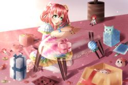 Rule 34 | 1girl, absurdres, aqua eyes, aqua legwear, aqua scrunchie, artist name, artist request, blue skirt, blush, bow, box, bracelet, candy, character doll, cotton candy ei-ei-oh!, cross-laced footwear, dress, elbow on table, female focus, fluffy mouse, food, frilled dress, frills, full body, gift, gift box, green eyes, green skirt, hair between eyes, hair bow, highres, jewelry, kurosawa ruby, lollipop, looking at viewer, love live!, love live! school idol festival, love live! sunshine!!, multicolored footwear, pink shirt, pleated skirt, polka dot, polka dot shirt, red hair, ribbon, scrunchie, shirt, shoes, short hair, skirt, smile, solo, striped legwear, table, twintails, white legwear, white shirt, wrist bracelet, wrist scrunchie