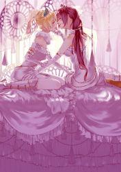 Rule 34 | 2girls, absurdres, ayase eli, bare shoulders, bed sheet, blonde hair, blush, boots, breasts, closed eyes, dress, earrings, elbow gloves, frills, gloves, grabbing another&#039;s chin, hand on another&#039;s chin, hand on another&#039;s thigh, highres, imminent kiss, jewelry, lace, lace-trimmed dress, lace trim, large breasts, long hair, love live!, love live! school idol festival, love live! school idol project, low twintails, maomaomaoxian, medium breasts, multiple girls, on bed, parted lips, purple hair, scarf, sitting, smile, tiara, tojo nozomi, twintails, wedding, wedding dress, white footwear, white gloves, wife and wife, yuri