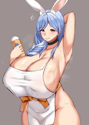 Rule 34 | 1girl, animal ears, apron, arm up, armpits, blue hair, blush, braid, braided ponytail, breasts, collarbone, commentary, curvy, english commentary, grey background, grin, hair over shoulder, highres, holding, hololive, huge breasts, long hair, looking at viewer, mature female, multicolored hair, naked apron, pekomama, rabbit ears, red eyes, sidelocks, smile, solo, streaked hair, sweat, thick eyebrows, virtual youtuber, white apron, white hair, yua (argaoffroad)