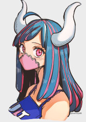 Rule 34 | 1girl, aosora2823, covered mouth, curled horns, dinosaur girl, highres, horns, mask, mouth mask, multicolored hair, one piece, pink eyes, pink hair, pink mask, two-tone hair, ulti (one piece)