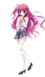 Rule 34 | 1girl, backlighting, blue eyes, highres, marginal skip, mitha, one side up, own hands clasped, own hands together, pink hair, school uniform, sheila el elise, simple background, thighhighs, white thighhighs