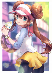 Rule 34 | 1girl, :t, absurdres, black pantyhose, blush, border, bow, breasts, bright pupils, brown hair, closed mouth, commentary, creatures (company), double bun, eating, etsuko pkmn, food, game freak, green eyes, hair between eyes, hair bun, hand up, highres, holding, huge filesize, ice cream, long hair, looking at viewer, nintendo, outside border, pantyhose, pantyhose under shorts, pink bow, pokemon, pokemon bw2, raglan sleeves, rosa (pokemon), shirt, short shorts, shorts, signature, smile, solo, twintails, visor cap, white border, white pupils, yellow shorts