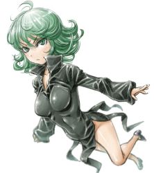 Rule 34 | 1girl, amania orz, bare legs, black dress, breasts, covered navel, curly hair, dress, female focus, flying, green eyes, green hair, looking at viewer, navel, one-punch man, short hair, small breasts, solo, tatsumaki, thighs, white background