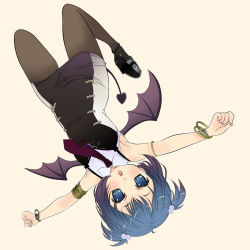 Rule 34 | 1girl, :o, armlet, bat wings, black footwear, black pantyhose, blue eyes, blue hair, bracelet, buckle, demon tail, dress, full body, hair bobbles, hair ornament, high heels, jewelry, matching hair/eyes, mikazukimo, necktie, open mouth, original, outstretched arms, pantyhose, purple necktie, shoes, short dress, simple background, sleeveless, solo, spread arms, tail, thighhighs, twintails, upside-down, wing collar, wings