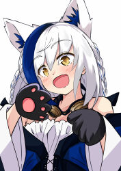 Rule 34 | 1girl, absurdres, animal ears, animal hands, aomiya yozuri, blue hair, blush, braid, cat ears, cat girl, cat paws, commentary, extra ears, fang, goggles, goggles around neck, hair between eyes, highres, looking at viewer, multicolored hair, open mouth, sasamiya, shirt, simple background, skin fang, solo, streaked hair, twin braids, vee (vtuber), virtual youtuber, white background, white hair, white shirt, yellow eyes