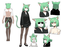 Rule 34 | 1girl, absurdres, animal ear fluff, animal ears, black hoodie, black pantyhose, black shorts, bra, breasts, breath, cat ears, cat girl, cat tail, character sheet, cleavage, closed mouth, collarbone, commentary request, ear piercing, fangs, flip-flops, from behind, full body, green hair, hands up, highres, hood, hood down, hoodie, korean commentary, looking at viewer, looking away, meow nyang, middle finger, orange eyes, original, pantyhose, piercing, sandals, shirt, short hair, shorts, simple background, smile, sparkle, standing, strap slip, sunglasses, t-shirt, tail, topknot, topless, underwear, upper body, white background, white bra, white shirt