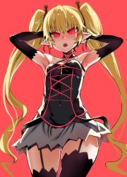 Rule 34 | 1girl, armpits, arms up, asanagi, backlighting, bare shoulders, black thighhighs, blonde hair, breasts, covered navel, cowboy shot, detached sleeves, fangs, garter straps, glowing, glowing eyes, halterneck, highres, jewelry, long hair, looking at viewer, miniskirt, necklace, open mouth, pachira, pink background, pointy ears, red eyes, redrawn, renkin san-kyuu magical pokaan, rosary, simple background, skirt, small breasts, solo, thighhighs, thighs, twintails, very long hair