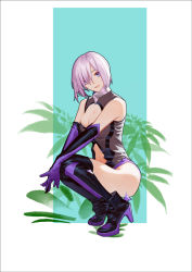Rule 34 | 1girl, black thighhighs, boots, breasts, cleavage, cleavage cutout, clothing cutout, elbow gloves, fate/grand order, fate (series), full body, gloves, light purple hair, lips, liuli zan, mash kyrielight, medium breasts, purple gloves, short hair, smile, solo, squatting, thigh boots, thighhighs