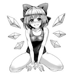 Rule 34 | 1girl, bad id, bad twitter id, bare arms, blush, bow, breasts, cirno, commentary request, full body, greyscale, hair bow, ice, ice wings, looking at viewer, medium breasts, monochrome, one-piece swimsuit, school swimsuit, short hair, simple background, sitting, smile, solo, swimsuit, teeth, thighs, touhou, tsukiriran, v arms, white background, wings