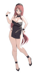 Rule 34 | 1girl, absurdres, alternate costume, amisu, bare shoulders, black dress, blue eyes, breasts, chinese clothes, cleavage, dress, full body, hand on own hip, hat, highres, hong meiling, jewelry, large breasts, long hair, looking at viewer, red hair, side slit, simple background, smile, solo, standing, touhou, very long hair, white background, wristband