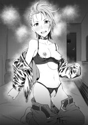 Rule 34 | 1girl, bar censor, bare shoulders, barefoot, bed, belt, blush, bra, breasts, breasts apart, censored, crotchless, crotchless panties, greyscale, idolmaster, idolmaster cinderella girls, jacket, kimura natsuki, kneeling, looking at viewer, monochrome, navel, nipple chain, nipples, open belt, open fly, open mouth, panties, pussy juice, short hair, solo, sweat, tkhs, underwear