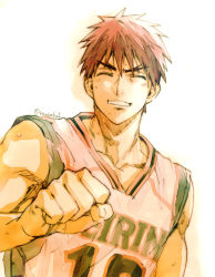 Rule 34 | 1boy, basketball uniform, clenched hand, collarbone, commentary request, eyebrows, closed eyes, facing viewer, grin, kagami taiga, kuroko no basuke, male focus, red hair, short hair, smile, solo, sportswear, teeth, toned, toned male, torisu, upper body