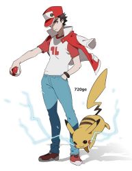 Rule 34 | 1672, 1boy, anime coloring, bad id, bad twitter id, baseball cap, brown eyes, brown hair, clothes writing, creatures (company), denim, electricity, game freak, gen 1 pokemon, hand in pocket, hat, holding, holding poke ball, jeans, looking at viewer, male focus, matching hair/eyes, nintendo, pants, pikachu, poke ball, poke ball (basic), pokemon, pokemon (creature), pokemon sm, raglan sleeves, red (pokemon), red (pokemon sm), shadow, shirt, shoes, short hair, simple background, sneakers, standing, t-shirt, white background