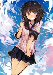 Rule 34 | 1girl, absurdres, black neckerchief, blue skirt, brown eyes, brown hair, cherry blossoms, cloud, commentary request, day, grin, highres, kaamin (mariarose753), kantai collection, looking at viewer, miyuki (kancolle), neckerchief, pleated skirt, sailor collar, school uniform, serafuku, short hair, short sleeves, skirt, sky, smile, solo, thighs, twitter username