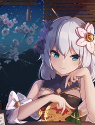 Rule 34 | 1girl, bare shoulders, blurry, blurry background, breasts, closed mouth, commentary request, flower, hair between eyes, hair flower, hair ornament, highres, honkai (series), honkai impact 3rd, katsuki natsu, long hair, looking at viewer, medium breasts, sidelocks, silver hair, smile, solo, theresa apocalypse, zhuge kongming (honkai impact), zhuge kongming (honkai impact)