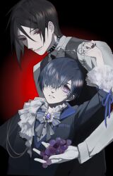 Rule 34 | 2boys, absurdres, bishounen, black hair, black nails, blue hair, blue ribbon, butler, child, ciel phantomhive, collar, eyepatch, food, formal, frills, fruit, gem, gloves, grapes, hair over eyes, highres, jewelry, kuroshitsuji, long sleeves, looking at viewer, male focus, multiple boys, necklace, pale skin, procreate (medium), pulling another&#039;s clothes, purple eyes, purple gemstone, red eyes, ribbon, sebastian michaelis, short hair, smile, spiked collar, spikes, suit, white gloves, xingbene215