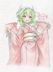 Rule 34 | 1girl, 2024, :d, alternate costume, chinese zodiac, commentary request, draco centauros, dragon girl, dragon horns, dragon tail, dragon wings, dress, green hair, green tail, horns, japanese clothes, kimono, looking at viewer, madou monogatari, open mouth, pointy ears, puyopuyo, red dress, red wings, saburouta (hox-666), short hair, smile, solo, tail, translation request, white horns, wings, year of the dragon, yukata