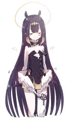 Rule 34 | 1girl, animal ears, black dress, blunt bangs, blush stickers, closed eyes, cowboy shot, diamond hairband, dress, flat chest, gradient hair, halo, highres, hololive, hololive english, long hair, low wings, mole, multicolored hair, ninomae ina&#039;nis, ninomae ina&#039;nis (1st costume), noranekogahara, pointy ears, purple hair, sidelocks, simple background, single thighhigh, smile, solo, thighhighs, very long hair, virtual youtuber, white background, wings