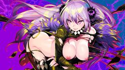 Rule 34 | 1girl, abstract background, ass, breasts, clenched teeth, dohna dohna issho ni warui koto o shiyou, exploding clothes, flower, fur trim, game cg, hair between eyes, hair flower, hair ornament, large breasts, long hair, nipples, o-ring, official art, onono imoko, purple eyes, purple flower, purple hair, shion (dohna dohna), solo, sweatdrop, teeth, torn clothes, very long hair