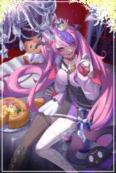 Rule 34 | 1girl, bow, breasts, cake, cake slice, chain, collar, commentary, crown, demon girl, demon horns, demon tail, demon wings, dradra tw, english commentary, food, happy birthday, head wings, heart, heterochromia, highres, holding, holding spoon, horns, ironmouse, ironmouse (13th costume), long sleeves, looking at viewer, medium breasts, mini crown, open mouth, pink eyes, pink hair, pointy ears, purple eyes, purple hair, sitting, solo, spoon, tail, teeth, tongue, twintails, virtual youtuber, vshojo, wings