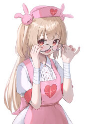 1girl :d absurdres adjusting_eyewear apron bandaged_wrist bandages blonde_hair blush commentary_request cowboy_shot fang glasses hair_ornament hands_on_eyewear hands_up hat heart heart_print highres long_hair looking_at_viewer natori_sana natori_sana_(nurse) nurse_cap open_mouth pink_apron pink_hat porty_ramram puffy_short_sleeves puffy_sleeves rabbit_hair_ornament red_eyes sana_channel short_sleeves simple_background smile solo two_side_up virtual_youtuber white_background