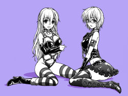Rule 34 | 2girls, bad id, bad pixiv id, bdsm, bondage outfit, breasts, collar, fish.boy, glasses, harness, large breasts, latex, leather, long hair, looking at viewer, medium breasts, monochrome, multiple girls, original, short hair, smile, striped clothes, striped legwear, striped thighhighs, thighhighs