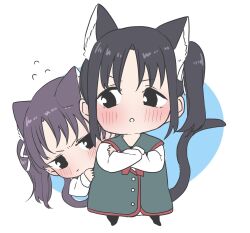 Rule 34 | 2girls, :o, animal ears, black hair, blush, cat ears, cat girl, cat tail, chibi, closed mouth, commentary request, crossed arms, full body, hiding, highres, kashikaze, kazuno leah, kazuno sarah, long sleeves, love live!, love live! sunshine!!, medium hair, multiple girls, open mouth, purple hair, shirt, siblings, side ponytail, sidelocks, sisters, tail, white background, white shirt