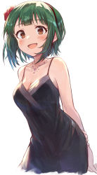 Rule 34 | 1girl, absurdres, arms behind back, bare shoulders, black dress, black hairband, breasts, brown eyes, cleavage, collarbone, commentary, cowboy shot, dress, flower, green hair, hair flower, hair ornament, hairband, highres, idolmaster, idolmaster (classic), jewelry, leaning forward, looking at viewer, mole, mole under mouth, necklace, otonashi kotori, red flower, short hair, shuucream (syuichi), sleeveless, sleeveless dress, small breasts, solo