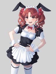 Rule 34 | 1girl, alternate costume, animal ears, blush, bow, bowtie, breasts, brown eyes, brown hair, collarbone, enmaided, fake animal ears, grey background, hands on own hips, highres, looking at viewer, maid, maid headdress, naguramu, open mouth, rabbit ears, red bow, red bowtie, shirai kuroko, simple background, small breasts, smile, solo, standing, thighhighs, toaru kagaku no railgun, toaru majutsu no index, twintails, white thighhighs