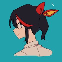 Rule 34 | 1girl, 320 (romsen), alternate hairstyle, bad id, bad twitter id, black hair, blue background, blue eyes, bright pupils, closed mouth, cropped neck, from behind, hair ribbon, hair up, kill la kill, looking at viewer, looking back, matoi ryuuko, multicolored hair, notice lines, portrait, red ribbon, ribbon, senketsu, shirt, short hair, short ponytail, simple background, smile, solo, streaked hair, two-tone hair, white pupils, white shirt
