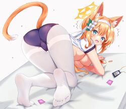 Rule 34 | 1girl, ^^^, absurdres, all fours, animal ear fluff, animal ears, ass, bandaid, blue archive, blue buruma, blue eyes, blush, breasts, buruma, cat ears, cat girl, cat tail, chinese commentary, clothes lift, commentary request, condom, condom wrapper, feet, flower, from behind, gym shirt, gym uniform, hair between eyes, hair flower, hair ornament, hairband, halo, headband, highres, legs, long hair, looking at viewer, looking back, mari (blue archive), mari (track) (blue archive), medium breasts, nipples, no shoes, official alternate costume, open mouth, orange hair, pantyhose, shirt, shirt lift, short sleeves, soles, solo, tail, toes, trembling, white hairband, white pantyhose, white shirt, yellow halo, yuki kokoro