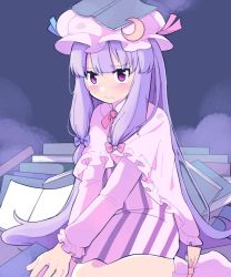 Rule 34 | 1girl, blue bow, blush, book, book on head, book stack, bow, cloak, closed mouth, commentary request, crescent, crescent hat ornament, dress, foot out of frame, hat, hat ornament, long hair, long sleeves, mob cap, neck ribbon, object on head, open book, patchouli knowledge, pink bow, pink cloak, pink hat, pink ribbon, pink socks, purple eyes, purple hair, ribbon, socks, solo, striped clothes, striped dress, tearing up, touhou, vertical-striped clothes, vertical-striped dress, yamase