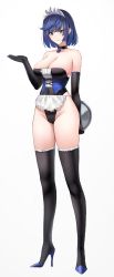 Rule 34 | 1girl, absurdres, apron, aqua eyes, arm behind back, bad id, bad twitter id, bare shoulders, black choker, black gloves, black leotard, black thighhighs, blue hair, breasts, cameltoe, center frills, chirang, choker, cleavage, collarbone, covered navel, elbow gloves, frilled apron, frills, full body, genshin impact, gloves, grin, groin, hand up, headdress, high heels, highleg, highleg leotard, highres, large breasts, leotard, lock, looking at viewer, mole, mole on breast, padlock, padlocked collar, short hair, simple background, skindentation, slit pupils, smile, solo, standing, strapless, strapless leotard, swept bangs, thighhighs, thighs, tray, underbust, waist apron, white background, yelan (genshin impact)