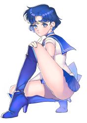 Rule 34 | 1990s (style), 1girl, absurdres, arutera, bad id, bad pixiv id, bishoujo senshi sailor moon, blue eyes, blue footwear, blue hair, blue sailor collar, blue skirt, boots, bow, choker, earrings, elbow gloves, gloves, high heels, highres, jewelry, knee boots, magical girl, matching hair/eyes, mizuno ami, panties, pantyshot, sailor collar, sailor mercury, sailor senshi, shoes, short hair, skirt, solo, squatting, tiara, underwear, upskirt, white gloves