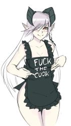 Rule 34 | 1girl, apron, artist request, black apron, blush, breasts, clothes writing, cowboy shot, demon horns, english text, fuck-me shirt, hair over one eye, horns, lilim (monster girl encyclopedia), long hair, looking at viewer, medium breasts, meme attire, monorus, monster girl encyclopedia, naked apron, pointing, pointy ears, profanity, red eyes, silver hair, simple background, sketch, smile, solo, white background
