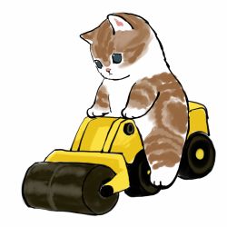 Rule 34 | :&lt;, animal ears, aqua eyes, cat, cat ears, construction, driving, highres, kitten, mofu sand, original, simple background, steamroller, white background