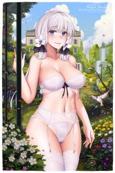 Rule 34 | 1girl, ahoge, azur lane, blue eyes, blush, bra, breasts, cameltoe, cleavage, closed mouth, collarbone, day, flower, garter belt, hanada yanochi, hand up, illustrious (azur lane), large breasts, lips, looking at viewer, low twintails, mole, mole under eye, navel, outdoors, panties, see-through, sky, smile, solo, standing, thighhighs, twintails, underwear, white bra, white hair, white panties, white thighhighs