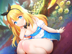 Rule 34 | :o, bare legs, bare shoulders, black bow, black bowtie, black hairband, blonde hair, blue dress, blue eyes, bow, bow hairband, bowtie, breasts, day, detached collar, detached sleeves, dress, expressionless, feet out of frame, flower, frilled dress, frilled sleeves, frills, grass, hair between eyes, hair bow, hairband, hand up, highres, knees, knees up, legs, long hair, looking at viewer, medium breasts, nature, no bra, on ground, open mouth, original, outdoors, pinku pansaa, puffy sleeves, short sleeves, sitting, straight hair, sunlight, swept bangs, thighs, two-tone dress, white sleeves, white wrist cuffs, wrist cuffs