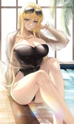 Rule 34 | 1girl, azur lane, bare legs, bare shoulders, bismarck (azur lane), bismarck zwei (azur lane), bismarck zwei (crystal-clear holiday) (azur lane), black one-piece swimsuit, blonde hair, blue eyes, breasts, casual one-piece swimsuit, closed mouth, commentary, crossed ankles, diffraction spikes, eyewear on head, feet out of frame, gold necklace, hair between eyes, hand to head, highleg, highleg swimsuit, highres, jewelry, knees up, large breasts, legs, lens flare, long hair, looking at viewer, necklace, necomilk, official alternate costume, one-piece swimsuit, pool, poolside, revision, see-through, see-through sleeves, simple background, sitting, smile, solo, strapless, strapless one-piece swimsuit, sunglasses, sunlight, swimsuit, swimsuit cover-up, thighs, tile floor, tiles, very long hair