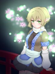 Rule 34 | 1girl, :t, arm warmers, black dress, blonde hair, blush, breasts, brown shirt, closed mouth, commentary request, cowboy shot, cowlick, dress, flower, green eyes, highres, kanikoukaku, leaning back, looking at viewer, medium bangs, medium breasts, mizuhashi parsee, parsee day, pink flower, pointy ears, railing, sash, scarf, shirt, short hair, short sleeves, solo, touhou, v-shaped eyebrows, white sash, white scarf