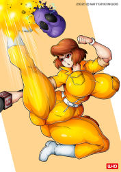 Rule 34 | 1boy, 1girl, alternate breast size, android, april o&#039;neil, arm rest, ass, belt, big hair, breast poke, breasts, brown hair, cameltoe, cleavage, curvy, destruction, fighting, flexible, full body, highres, holding, holding microphone, huge ass, jumping, jumpsuit, kicking, large breasts, leg up, lips, looking at another, microphone, poking, simple background, skindentation, sleeves rolled up, spread legs, stretching, teenage mutant ninja turtles, violence, watch, white belt, wide spread legs, witchking00, wristwatch, yellow jumpsuit, zipper