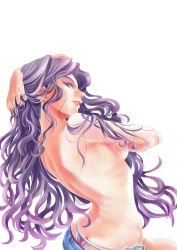 Rule 34 | 1girl, breasts, butt crack, jojo no kimyou na bouken, kumino, kumino (soup), long hair, purple eyes, purple hair, solo, topless, yamagishi yukako
