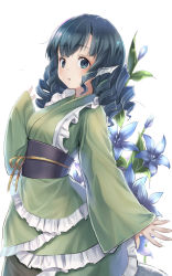 Rule 34 | 1girl, :o, black sash, blue eyes, blue flower, blue hair, blush, breasts, commentary request, cowboy shot, drill hair, fins, flower, frilled kimono, frills, green kimono, hand up, head fins, highres, japanese clothes, kimono, leaf, long hair, long sleeves, looking at viewer, medium breasts, mermaid, monster girl, obi, oborofu, parted lips, ribbon, sash, simple background, solo, touhou, wakasagihime, white background, wide sleeves, yellow ribbon