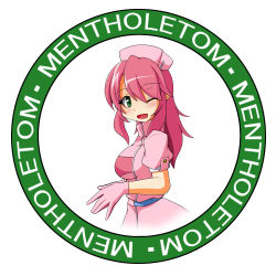 Rule 34 | 1girl, badge, breasts, button badge, gloves, green eyes, hat, kurenaidahlia, large breasts, long hair, looking at viewer, media (quiz magic academy), nurse, nurse cap, one eye closed, open mouth, pink hair, pointy ears, quiz magic academy, round image, smile, solo, wavy hair