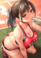 Rule 34 | 1girl, arm support, ass, bottle, breasts, brown eyes, brown hair, butt crack, cleavage, drinking, from above, gym shorts, high ponytail, highres, holding water, kase daiki, large breasts, midriff, original, red footwear, shoes, shorts, sneakers, solo, sports bra, sportswear, sweat, track and field, track uniform, water bottle