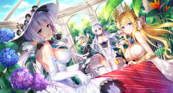 Rule 34 | 4girls, :d, alcohol, apron, azur lane, bare shoulders, belfast (azur lane), bell, bird of paradise flower, black dress, blonde hair, blue eyes, blue flower, blue rose, blue sky, blurry, blurry foreground, braid, breasts, broken, broken chain, brown eyes, chain, chair, champagne, champagne flute, cleavage, closed mouth, cloud, commentary request, covered erect nipples, cup, day, depth of field, dress, drinking glass, dutch angle, elbow gloves, flower, frilled apron, frills, garter straps, gloves, hair between eyes, hair ornament, hair over one eye, hairclip, hat, highres, holding, holding cup, hydrangea, illustrious (azur lane), juliet sleeves, large breasts, laurel crown, light brown hair, long hair, long sleeves, looking at viewer, looking back, maid, maid headdress, mole, mole under eye, multiple girls, open mouth, orange flower, outdoors, panties, puffy sleeves, purple flower, rose, sheffield (azur lane), short hair, silver hair, silveroid, sky, sleeveless, sleeveless dress, smile, strapless, strapless dress, table, teacup, teapot, thighhighs, translation request, tree, underwear, v-shaped eyebrows, very long hair, victorious (azur lane), waist apron, white apron, white dress, white gloves, white hat, white legwear, white panties