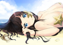 Rule 34 | 1girl, :o, absurdres, beach, black hair, blue eyes, blue sky, blush, breasts, cloud, crab, female focus, highres, large breasts, long hair, looking at viewer, lying, na arva, no bra, original, sand, sky, solo, starfish, starfish on breast, tagme, topless, upper body, water