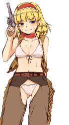 Rule 34 | 1girl, alice margatroid, bandana, bikini, blonde hair, blue eyes, blush, breasts, brown pants, cleavage, closed mouth, collarbone, feet out of frame, frilled hairband, frills, front-tie bikini top, front-tie top, gun, hair ornament, hairband, handgun, hug, looking at viewer, medium breasts, miyo (ranthath), navel, pants, pistol, red bandana, red neckwear, shiny skin, simple background, solo, standing, swimsuit, touhou, weapon, white background, white bikini