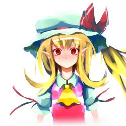 Rule 34 | 1girl, ascot, blonde hair, blush, bow, embodiment of scarlet devil, female focus, flandre scarlet, gradient background, hat, highres, open mouth, pointy ears, red eyes, short hair, side ponytail, solo, tatwuku, touhou, upper body, white background